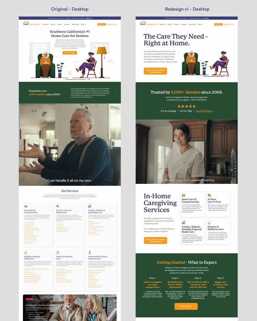 Side-by-side comparison of the original 24 Hour Caregivers homepage and the rewritten redesign
