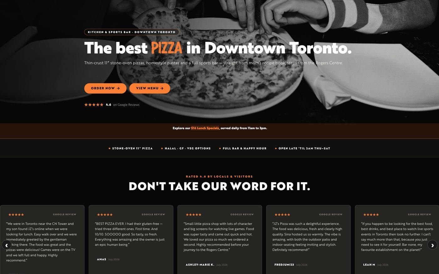 The redesigned JZ's Pizza homepage