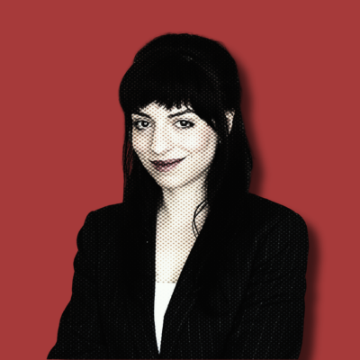 Halftone portrait of McKenzie Hagerstrom in a pinstriped blazer against a brick-red background